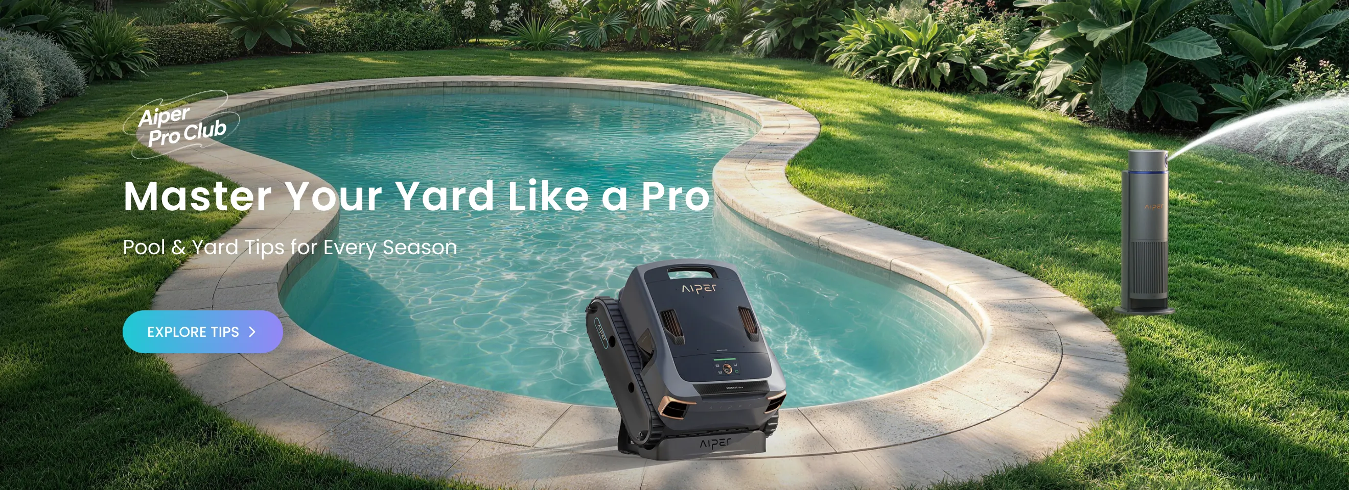 An Aiper robotic pool cleaner sits on the edge of a backyard swimming pool.